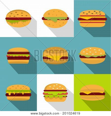 Cheeseburger icons set. Flat set of 9 cheeseburger vector icons for web with long shadow