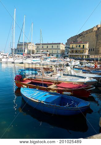 Fishing Boats Moored In Borgo Marinari Harbor. Naples, Italy.