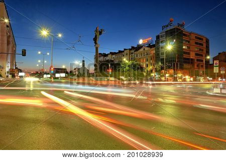 SOFIA, BULGARIA - AUGUST 01, 2017: monument of Saint Sophia and cars light trails on the crossroad in Sofia downtown at the twilight  