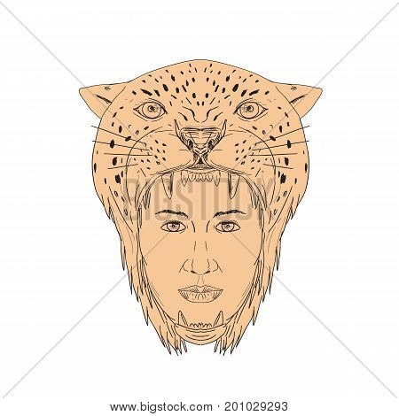 Illustration of a Female Aztec Warrior wearing Jaguar head Headdress viewed from front done in hand drawn sketch Drawing style.