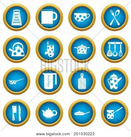 Kitchen tools and utensils icons blue circle set isolated on white for digital marketing