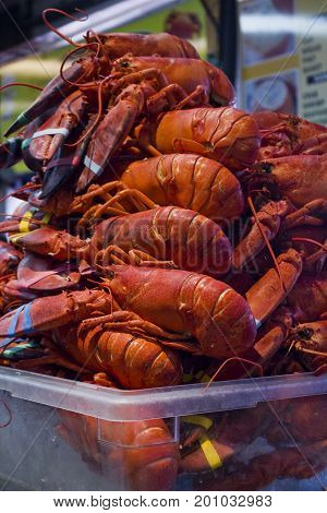 A huge pile of freshly cooked lobsters in a market.