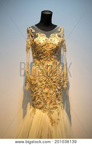 Wedding dress gown on mannequin in bridal gown. Bride's morning wedding preparation concept