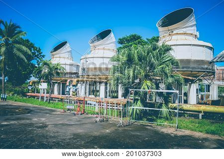 Large cooling tower outside the hospital building