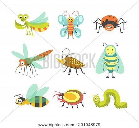 Cartoon insects and funny bugs of smiling mantis, butterfly or spider and mosquito or dragonfly, beetle or bumblebee and bee wasp or caterpillar for kid design element. Vector isolated character icons
