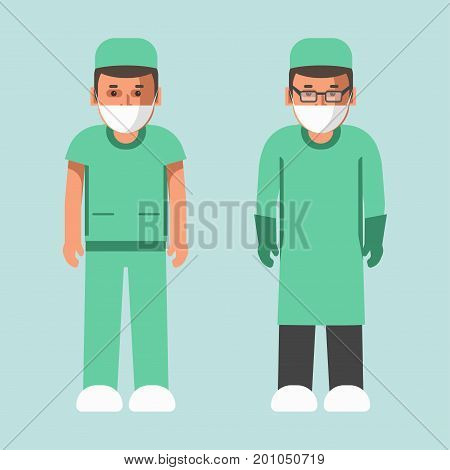 Professional medical workers in special green uniform, white shoes, rubber gloves and masks isolated cartoon flat vector illustrations on blue background. Surgeon in eyeglasses and medical orderly.