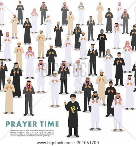 Vector seamless pattern group of islamic people standing with beads in hands and pray. Mufti with quran. Muslim concept. Vector illustration.