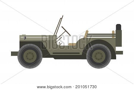 Military vehicle in bulletproof dark green corpus without roof and with spare tire behind isolated cartoon flat vector illustration on white background. Armored heavy transport used in army industry.