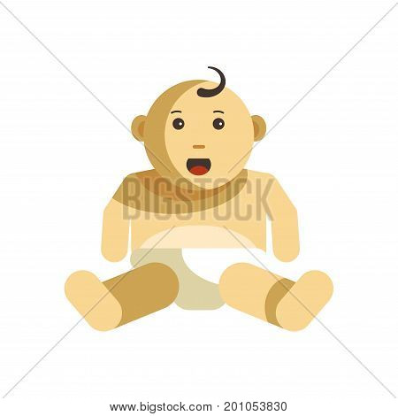Cute kid with curled forelock little child in diapers sits with open mouth isolated cartoon flat vector illustration on white background.