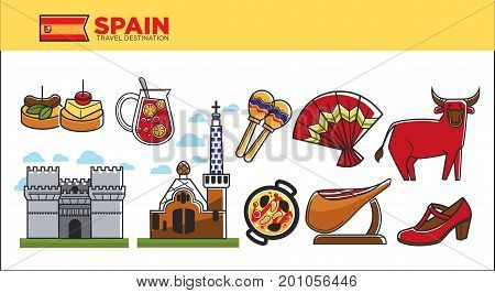 Spain travel destination promotional vector illustration. National food and drinks, authentic architecture, traditional musical instrument, bull with pierced nose and shoe and fan for flamenco.