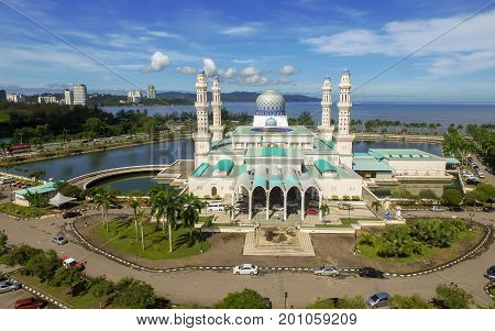 Kota Kinabalu,Sabah,Malaysia-Jan 23,2017:Aerial view Kota Kinabalu State Mosque during sunny in Kota Kinabalu,Sabah,Borneo,Malaysia.The design shares some similarities to Medinah Masjid An Nabawi.