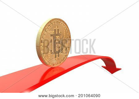 3d illustration: Copper-golden bitcoin coin on red arrow downward with reflecting surface on white background. Virtual money. Quotes go down.  Business concept. Investments. Mining. The bubble burst.