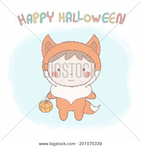Cute little girl wearing fox costume for Halloween, colorful vector illustration in hand drawn style