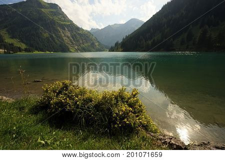 Lake Vilsalpsee in the Tyrolean Alps Tannheim Austria