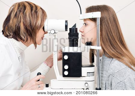 Senior female optometrist examining young woman's eyes in private clinic.