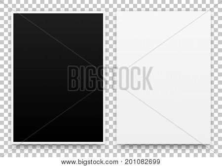 A2 white and black posters realistic template, mock-up with margins, realistic shadow and transparent background for design concepts, presentations, web, identity, prints. Vector illustration.