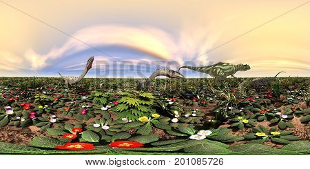 Computer generated 3D illustration with a spherical 360 degrees seamless panorama of the dinosaurs Yangchuanosaurus and Coelophysis