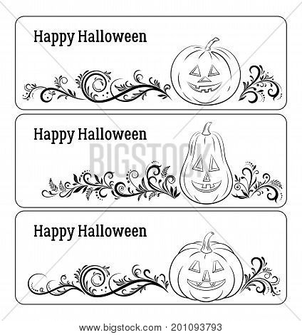 Holiday Halloween Labels Set, Cartoons Pumpkins Jack O Lantern and Floral Pattern, Black Contours Isolated on White Background. Vector