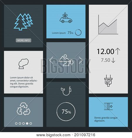 Collection Of Pollution, Afforestation, Ecol And Other Elements.  Set Of 8 Atmosphere Outline Icons Set.