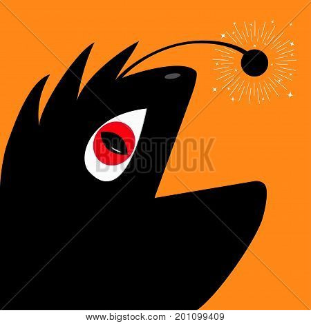 Funny monster reptile head silhouette with red devil eye. Sunburst Shining circle. Cute cartoon character. Black color. Baby collection. Happy Halloween card. Flat design. Orange background. Vector