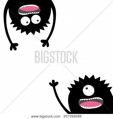 Two screaming monsters set. Happy Halloween card. Head silhouette. Eyes teeth tongue hands. Hanging upside down. Black Funny Cute cartoon character. Flat design White background. Vector