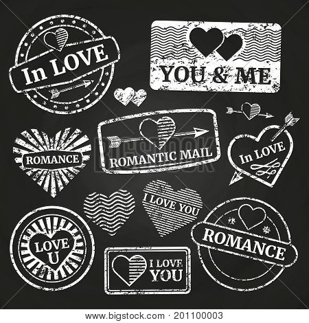 Romantic postage grunge stamp collection on chalkboard. Vector illustration flat