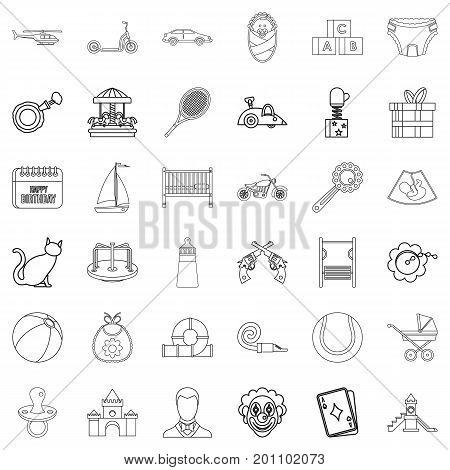Children toy icons set. Outline style of 36 children toy vector icons for web isolated on white background