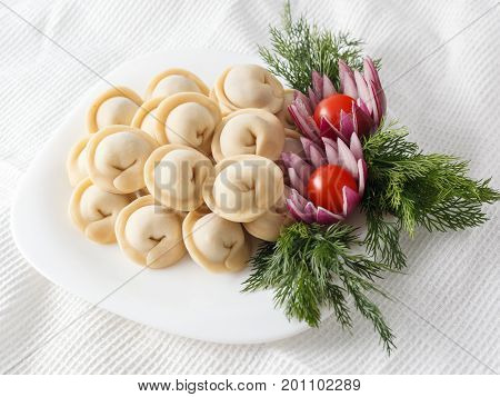 Frozen Dumplings On The White Plate With Green