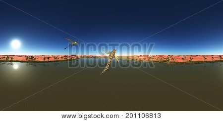 Computer generated 3D illustration with a spherical 360 degrees seamless panorama of the pterosaur Peteinosaurus over a desert oasis
