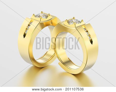 3D illustration two yellow gold men signet diamond rings with reflection on a grey background