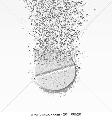 Effervescent medicine. Fizzy tablet dissolving. White round pill falling in water with bubbles. White background. 3D illustration