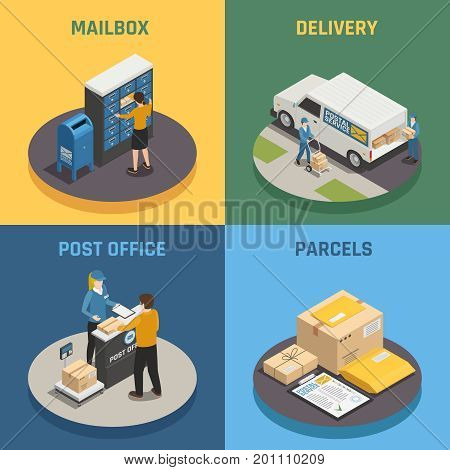 Post office mail delivery service 4 isometric icons square with mailbox parcels colorful background isolated vector illustration