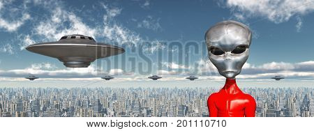 Computer generated 3D illustration with flying saucers and alien in front of a futuristic city