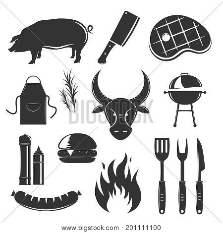 Steakhouse vintage elements collection with isolated silhouette monochrome images of meat products spices sauces and cutlery vector illustration