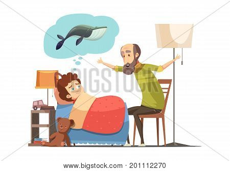 Old man senior character with beard tells his grandson bedtime fish story retro cartoon poster vector illustration