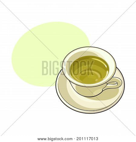 China, porcelain cup of green tea drink, sketch vector illustration isolated on white background. Hand drawn green tea drink in porcelain with speech bubble