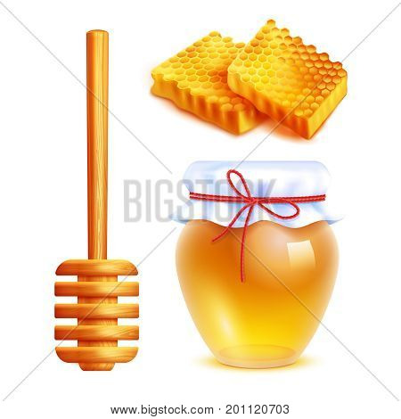 Honey realistic icons set with wooden dipper stick glass jar filled with yellow honey and honeycombs in shape of rectangle isolated vector illustration