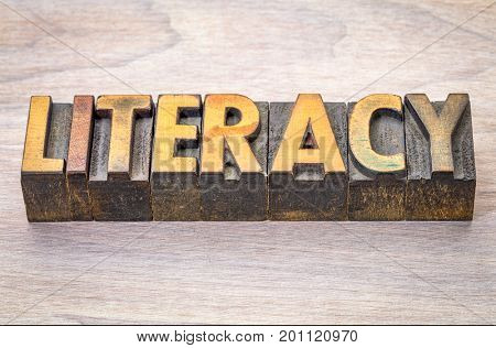 literacy word abstract in vintage letterpress woodtype printing blocks