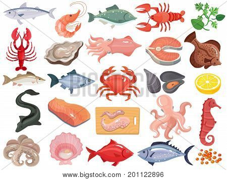 Seafood dinner menu items flat icons big set with crab crayfish oyster mollusk tuna salmon vector illustration