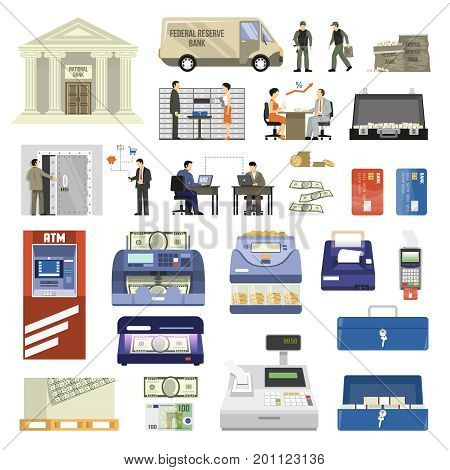 Flat set of bank building equipment and clerks isolated on white background vector illustration