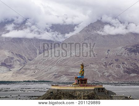 Ladakh India - Apr 1, 2015. The 32 metre (106 foot) statue of Maitreya Buddha near Diskit monastery in Ladakh India. The statue construction was started in 2006.