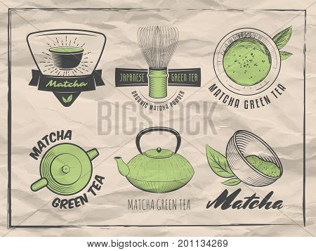 Matcha labels. Japanese green tea badges. Vector logos on vintage paper background.