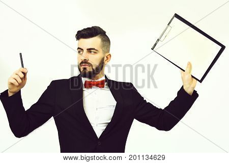 Busy Director In Classic Suit And Red Bow Tie