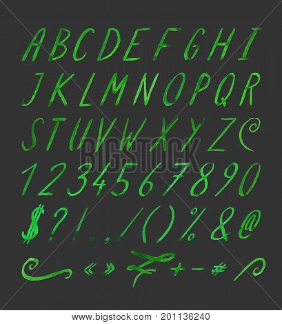 Hand drawn green watercolor font with punctuation marks on black background. Font contains question mark, exclamation point, period, comma, dash, hyphen, bracket, parenthesis. Vector illustration.