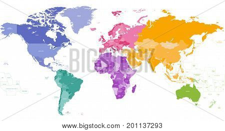 vector high detailed world map colored by continents