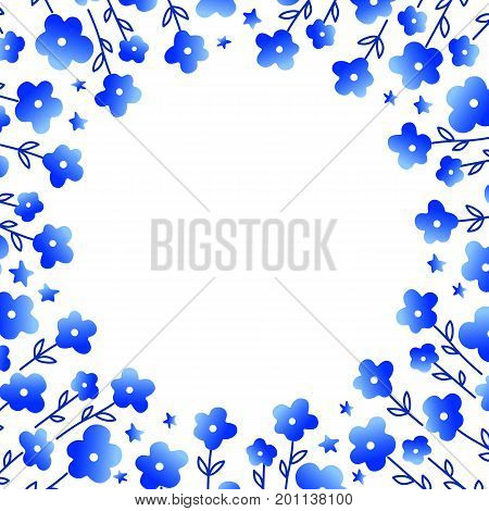 Vector frame with blue flowers. Design  for wedding, birthday, invitation. Vector illustration