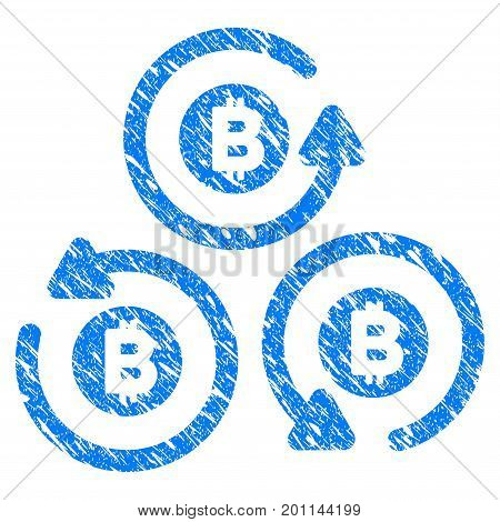Grunge Bitcoin Mixer Rotation icon with grunge design and unclean texture. Unclean vector blue pictogram for rubber seal stamp imitations and watermarks. Draft sign symbol.