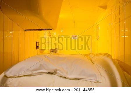 TOKYO, JAPAN JUNE 28 - 2017: Interior view of capsule hotel in city center. Capsule Hotels are less expensive structures very famous in Tokyo, Japan.