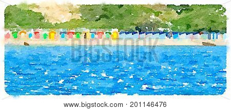 Panoramic digital watercolor painting of colorful beach huts on a sunny day with sea in front and trees behind. With space for text.