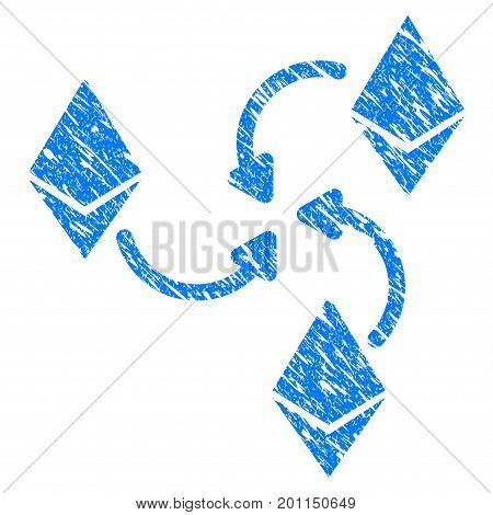 Grunge Ethereum Mixer Swirl icon with grunge design and dust texture. Unclean vector blue pictogram for rubber seal stamp imitations and watermarks. Draft sign symbol.